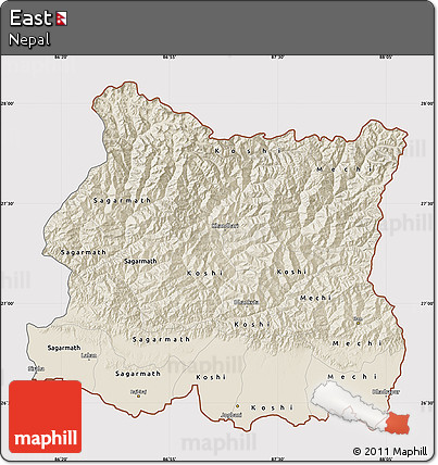 Shaded Relief Map of East, cropped outside