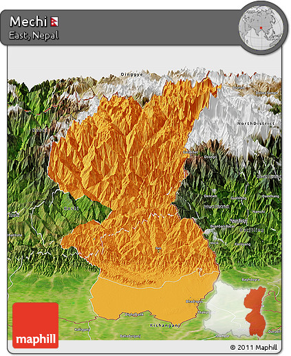 Political Panoramic Map of Mechi, satellite outside