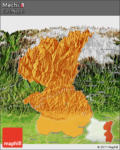 Political Panoramic Map of Mechi, satellite outside