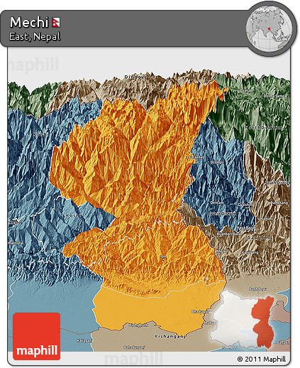 Political Panoramic Map of Mechi, semi-desaturated