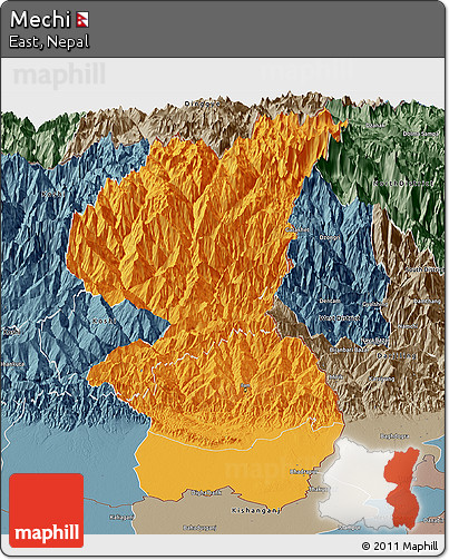 Political Panoramic Map of Mechi, semi-desaturated
