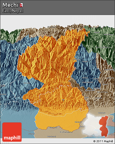 Political Panoramic Map of Mechi, semi-desaturated