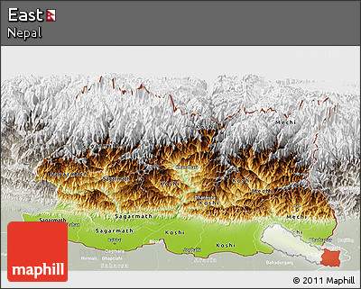Physical Panoramic Map of East, lighten, semi-desaturated