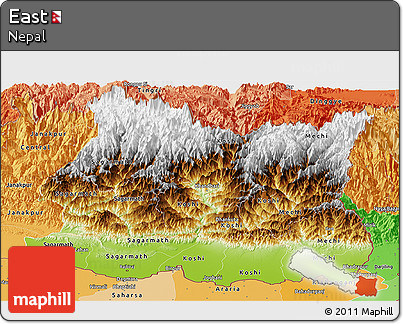 Physical Panoramic Map of East, political shades outside
