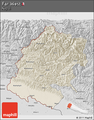 Shaded Relief 3D Map of Far West, desaturated