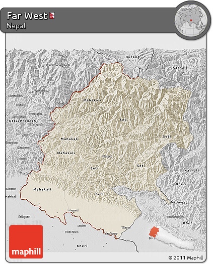 Shaded Relief 3D Map of Far West, desaturated