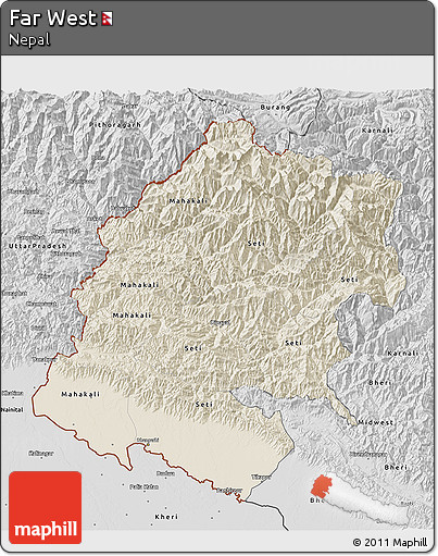 Shaded Relief 3D Map of Far West, desaturated