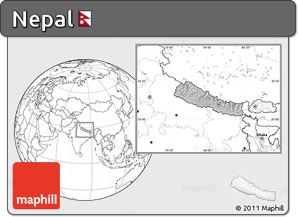 Gray Location Map of Nepal, blank outside, hill shading inside