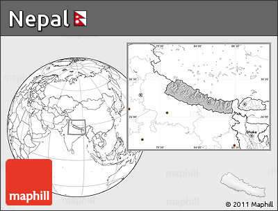 Gray Location Map of Nepal, blank outside, hill shading inside