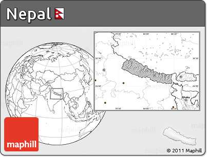 Gray Location Map of Nepal, blank outside, hill shading inside