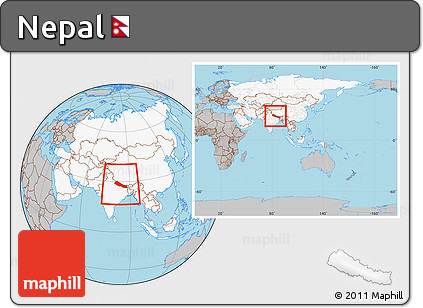 Gray Location Map of Nepal, highlighted continent, within the entire continent