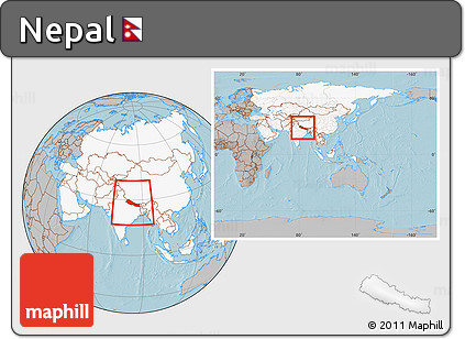 Gray Location Map of Nepal, highlighted continent, within the entire continent, hill shading