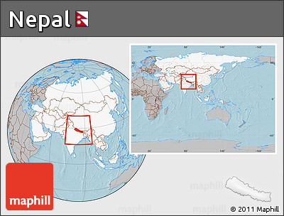 Gray Location Map of Nepal, highlighted continent, within the entire continent, hill shading
