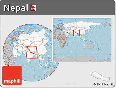Gray Location Map of Nepal, highlighted continent, within the entire continent, hill shading
