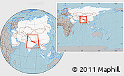 Gray Location Map of Nepal, highlighted continent, within the entire continent, hill shading