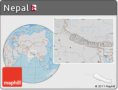 Gray Location Map of Nepal, lighten, desaturated, land only, hill shading