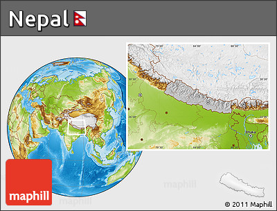 Gray Location Map of Nepal, physical outside, hill shading