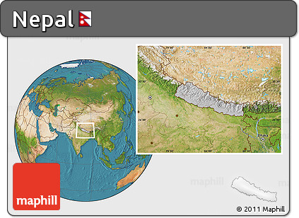 Gray Location Map of Nepal, satellite outside, hill shading