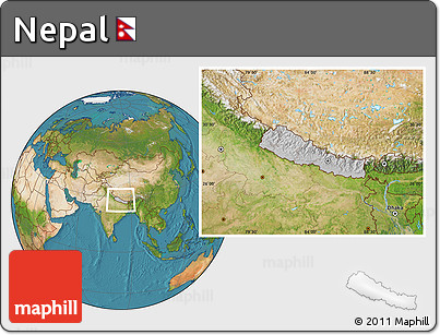 Gray Location Map of Nepal, satellite outside, hill shading