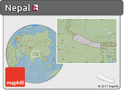 Gray Location Map of Nepal, savanna style outside, hill shading outside