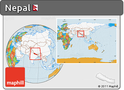 Political Location Map of Nepal, highlighted continent, within the entire continent
