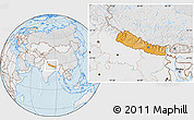 Political Location Map of Nepal, lighten, desaturated, land only