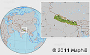 Satellite Location Map of Nepal, gray outside
