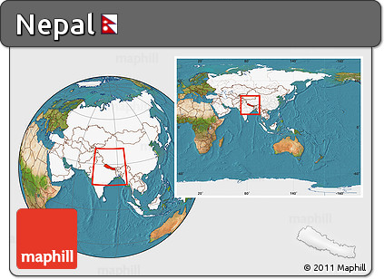 Satellite Location Map of Nepal, highlighted continent, within the entire continent
