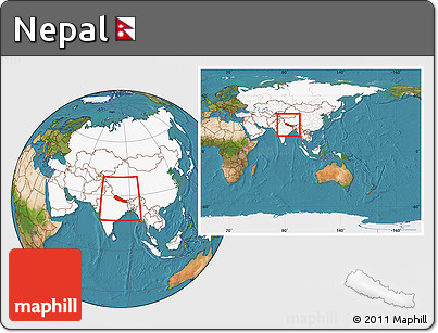 Satellite Location Map of Nepal, highlighted continent, within the entire continent
