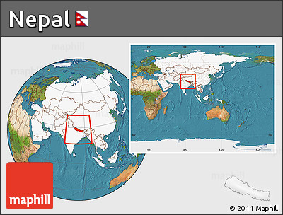Satellite Location Map of Nepal, highlighted continent, within the entire continent