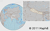 Shaded Relief Location Map of Nepal, gray outside, hill shading