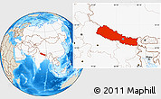 Shaded Relief Location Map of Nepal, highlighted continent