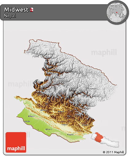 Physical 3D Map of Midwest, cropped outside
