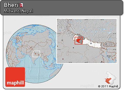 Gray Location Map of Bheri, highlighted country, highlighted parent region, within the entire country, hill shading