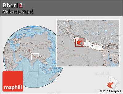 Gray Location Map of Bheri, highlighted country, highlighted parent region, within the entire country, hill shading