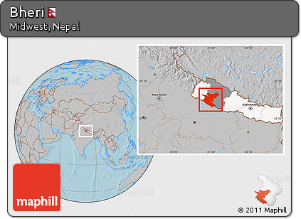 Gray Location Map of Bheri, highlighted country, highlighted parent region, hill shading