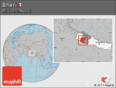 Gray Location Map of Bheri, highlighted country, highlighted parent region, hill shading