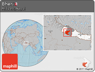 Gray Location Map of Bheri, highlighted country, highlighted parent region, hill shading