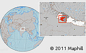 Gray Location Map of Bheri, highlighted country, highlighted parent region, hill shading