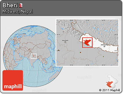 Gray Location Map of Bheri, highlighted country, hill shading