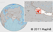 Gray Location Map of Bheri, highlighted country, hill shading