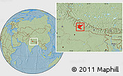 Savanna Style Location Map of Bheri, within the entire country, hill shading