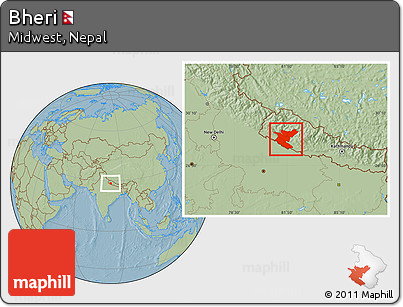Savanna Style Location Map of Bheri, hill shading