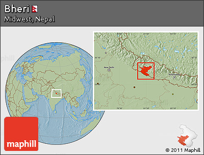 Savanna Style Location Map of Bheri, hill shading