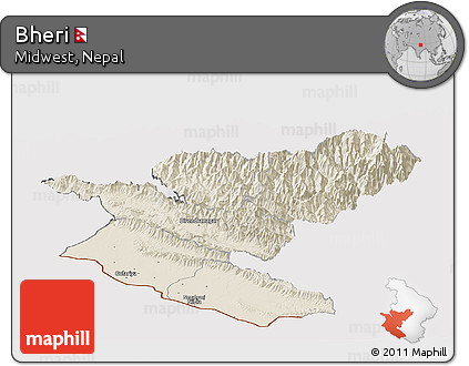 Shaded Relief Panoramic Map of Bheri, cropped outside