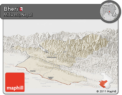 Shaded Relief Panoramic Map of Bheri, lighten