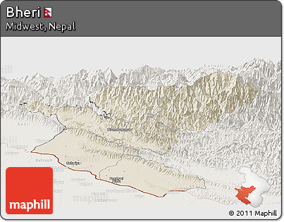 Shaded Relief Panoramic Map of Bheri, lighten