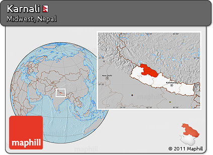 Gray Location Map of Karnali, highlighted country, hill shading