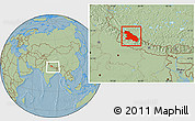 Savanna Style Location Map of Karnali, within the entire country, hill shading