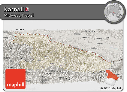 Shaded Relief Panoramic Map of Karnali, semi-desaturated